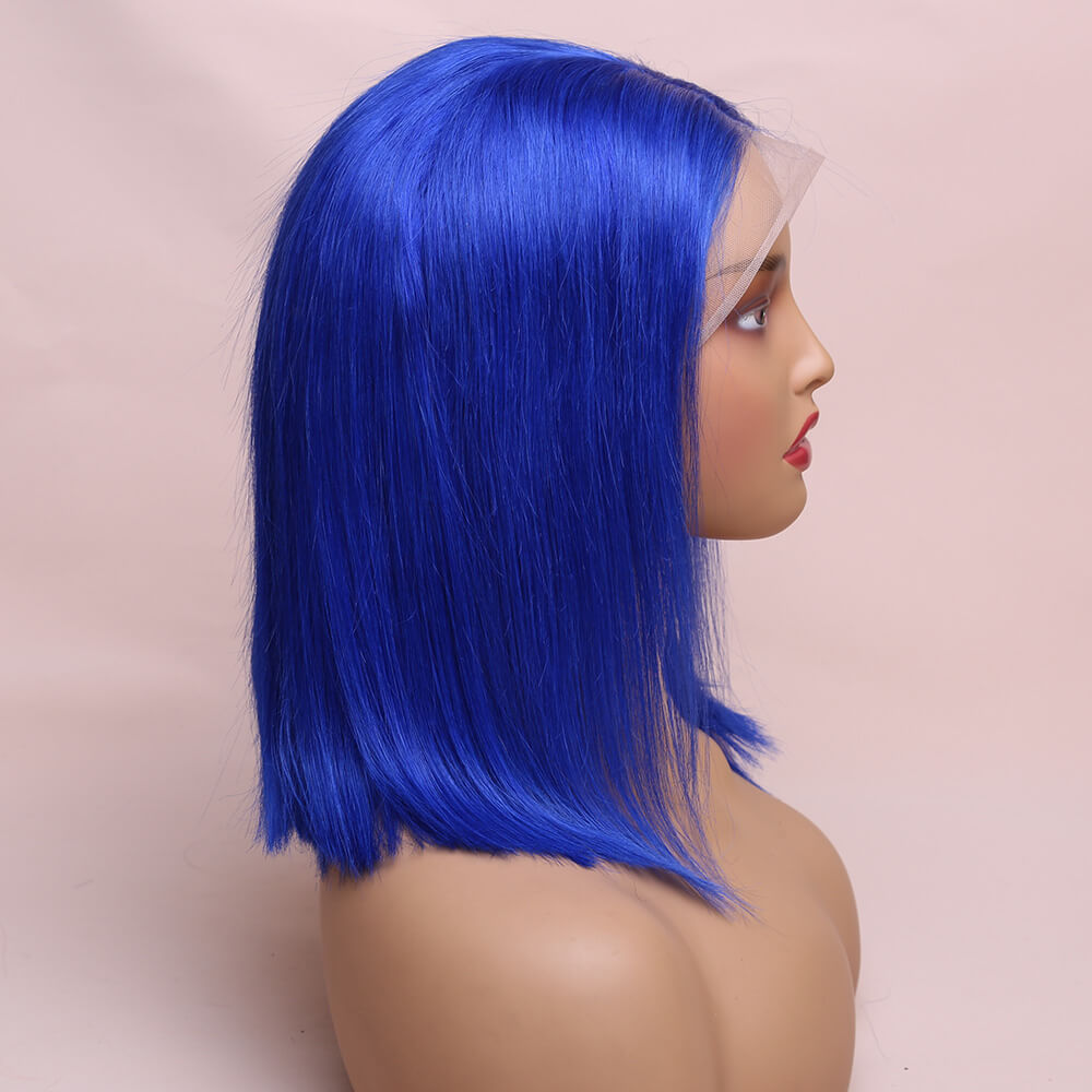 Human Hair Blue Straight Lace Frontal Bob Wig Short Wig