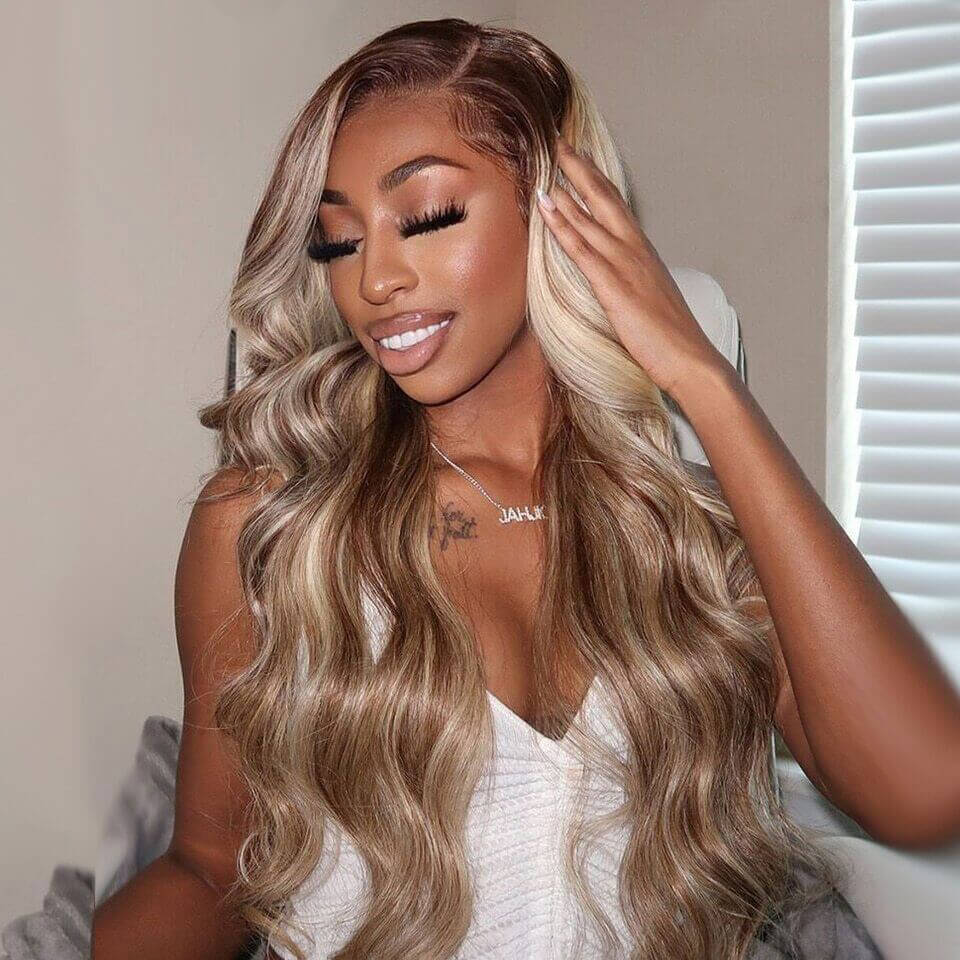 Brown Human Hair Lace Front Wig with Blonde Highlight