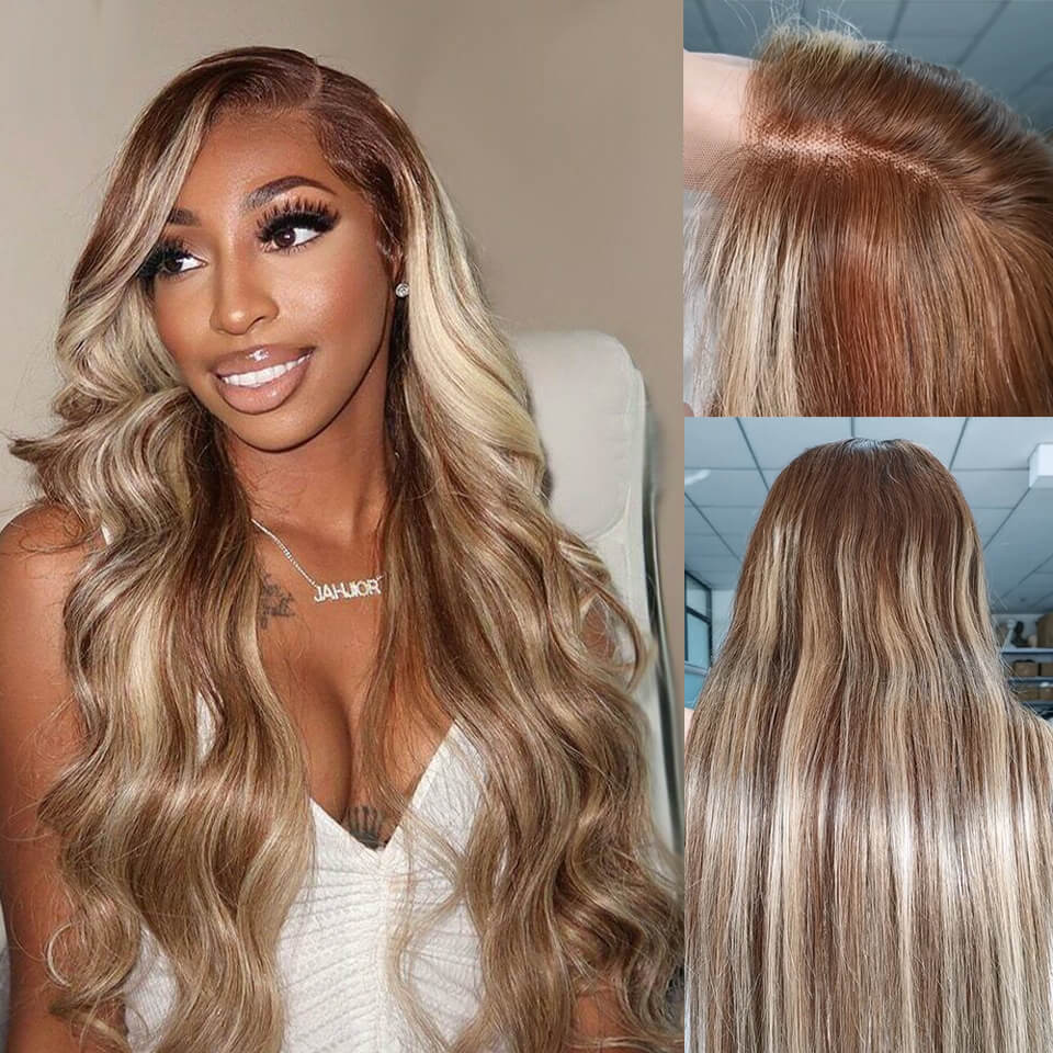 Brown Human Hair Wig with Blonde Highlight Balayage Wig UBEAUTYWIG