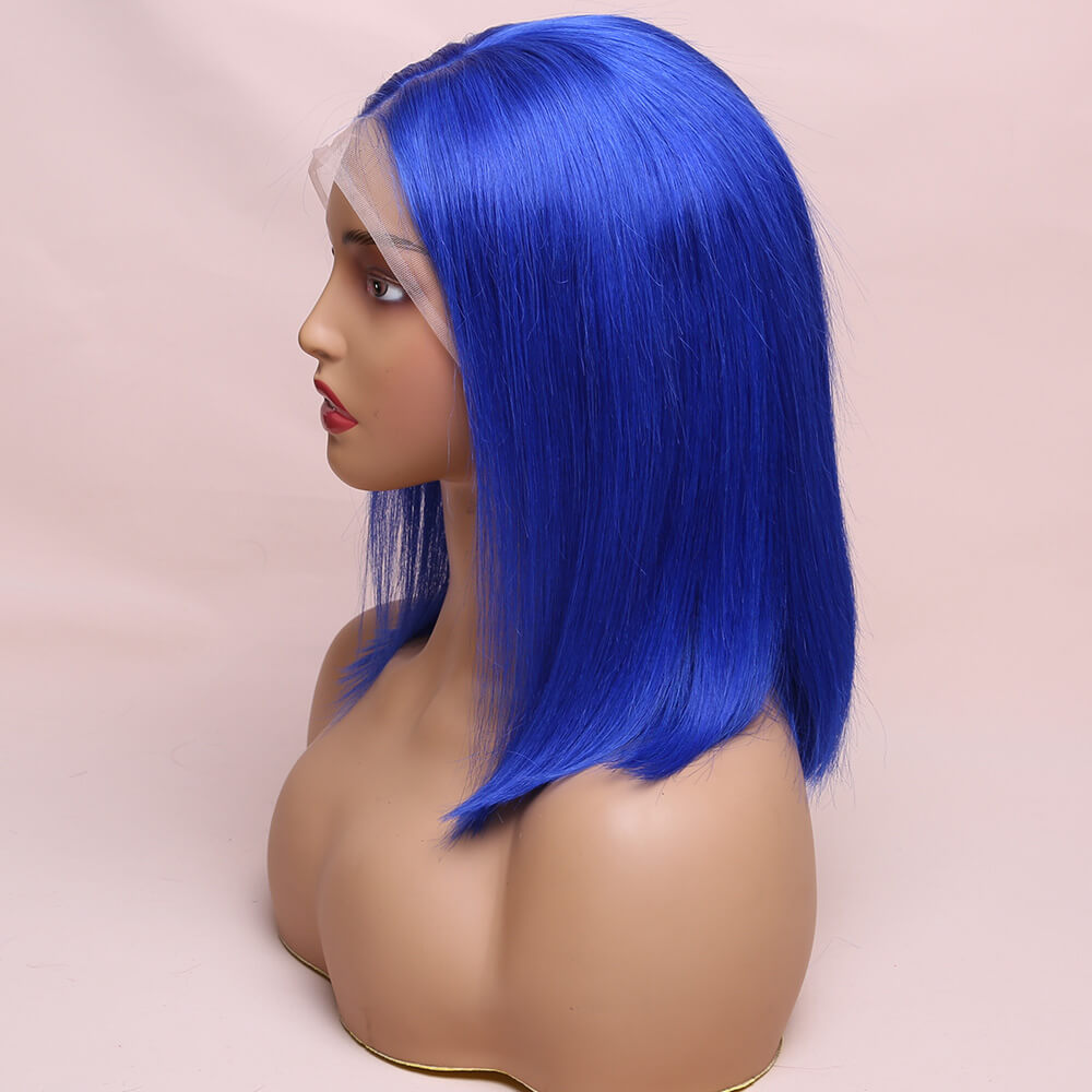Human Hair Blue Straight Lace Frontal Bob Wig Short Wig