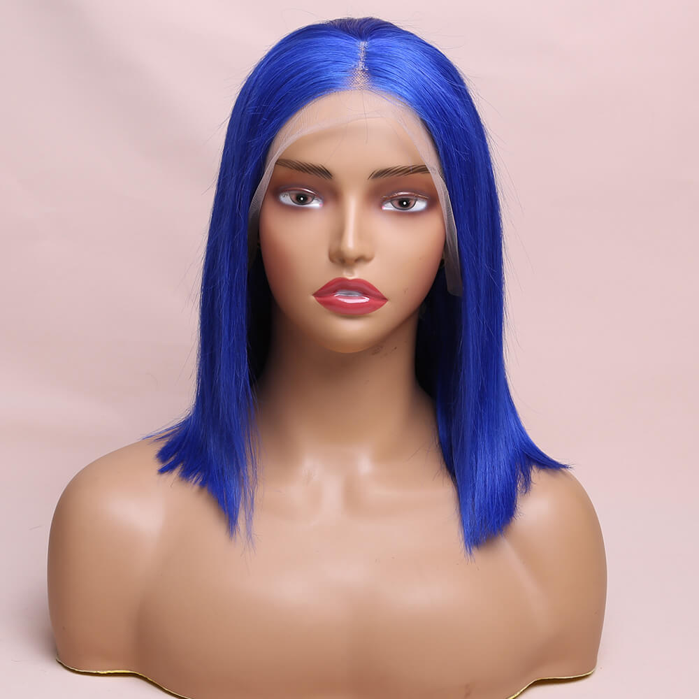 Human Hair Blue Straight Lace Frontal Bob Wig Short Wig