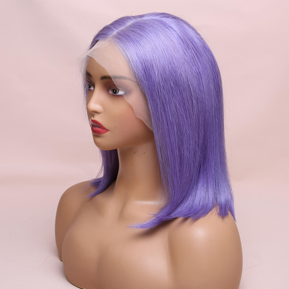 Human Hair Lavender Purple Straight Lace Frontal Bob Wig Short Wig