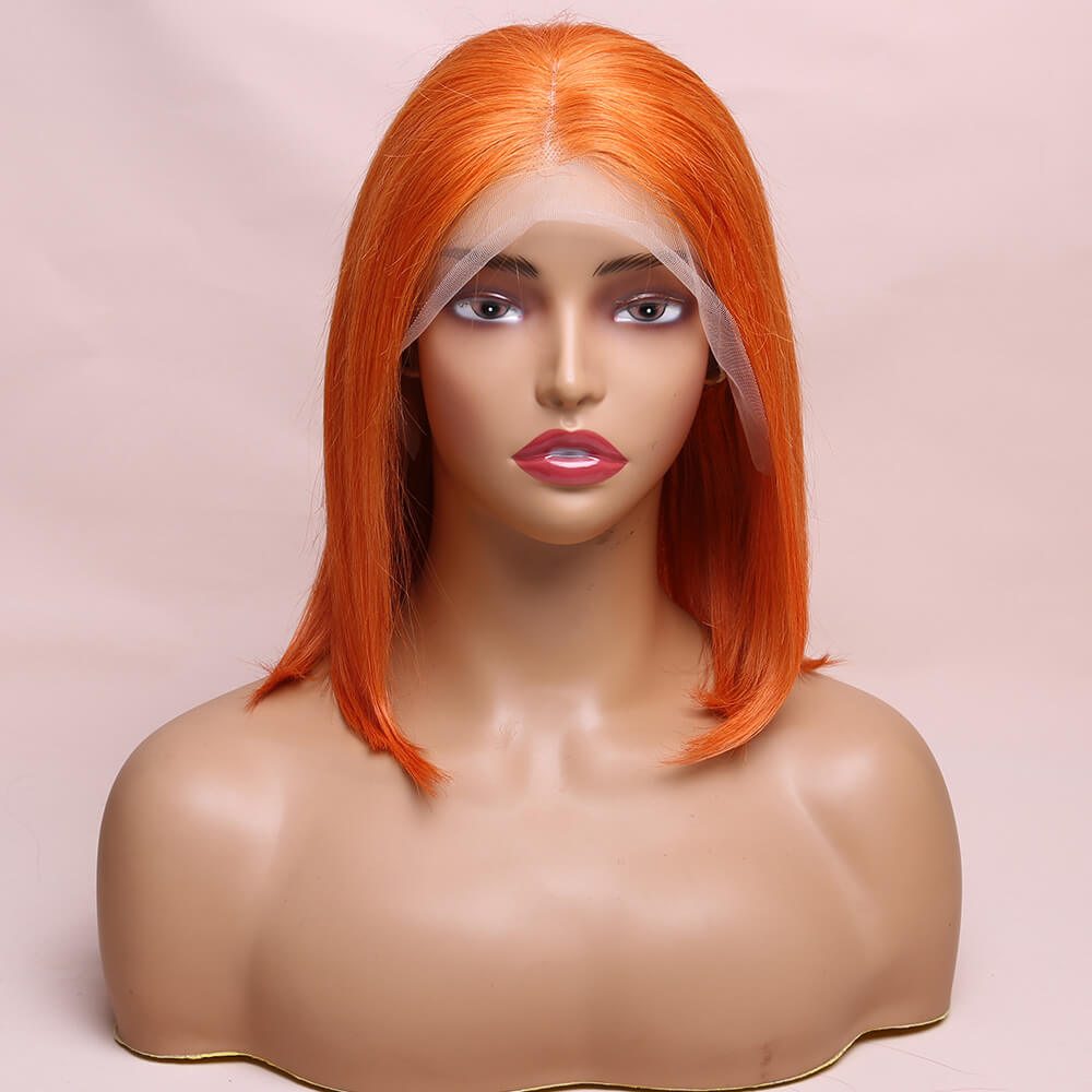 Human Hair Orange Straight Lace Frontal Bob Wig Short Wig