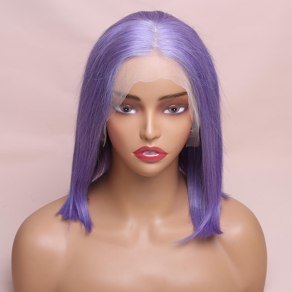 Human Hair Lavender Purple Straight Lace Frontal Bob Wig Short Wig
