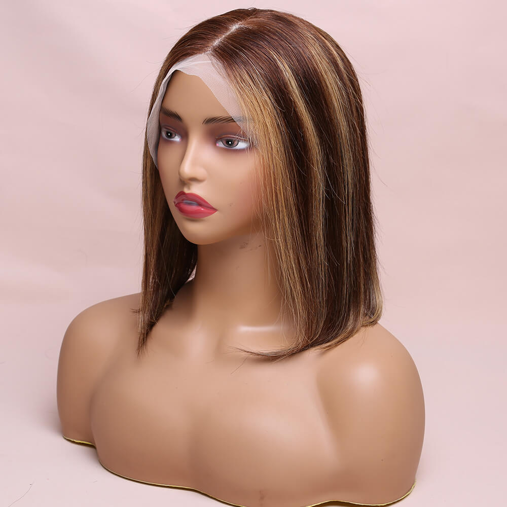Human Hair Straight Lace Frontal Bob Wig Highlight Color Short Wig