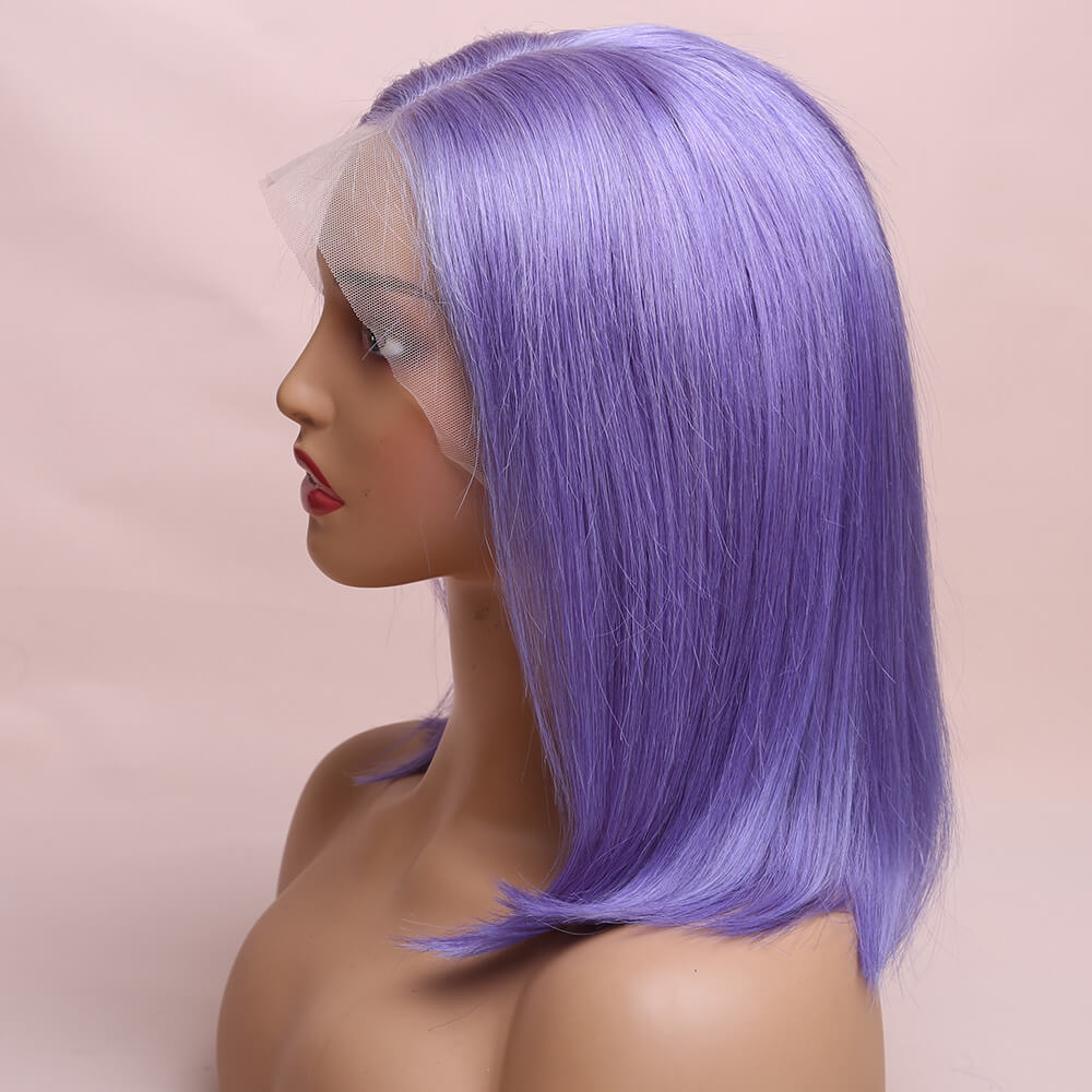 Human Hair Lavender Purple Straight Lace Frontal Bob Wig Short Wig