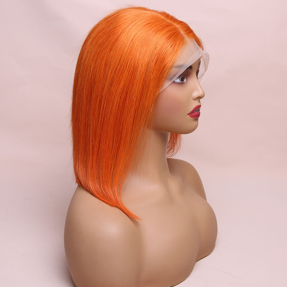 Human Hair Orange Straight Lace Frontal Bob Wig Short Wig