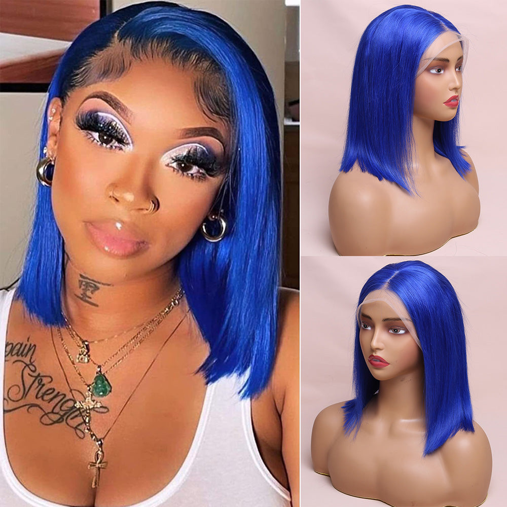 Human Hair Blue Straight Lace Frontal Bob Wig Short Wig