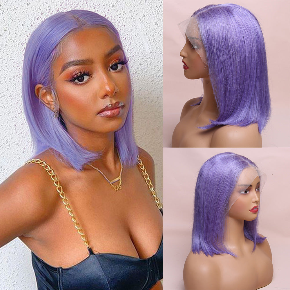 Human Hair Lavender Purple Straight Lace Frontal Bob Wig Short Wig