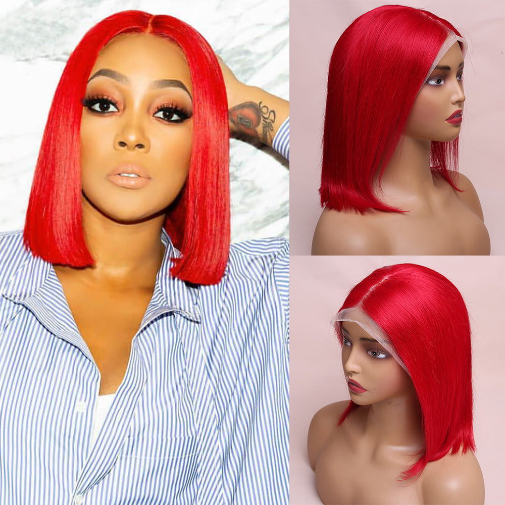 Human Hair Red Straight Lace Frontal Bob Wig Short Wig