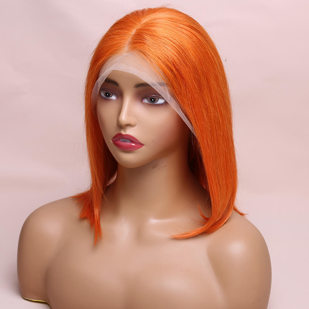 Human Hair Orange Straight Lace Frontal Bob Wig Short Wig