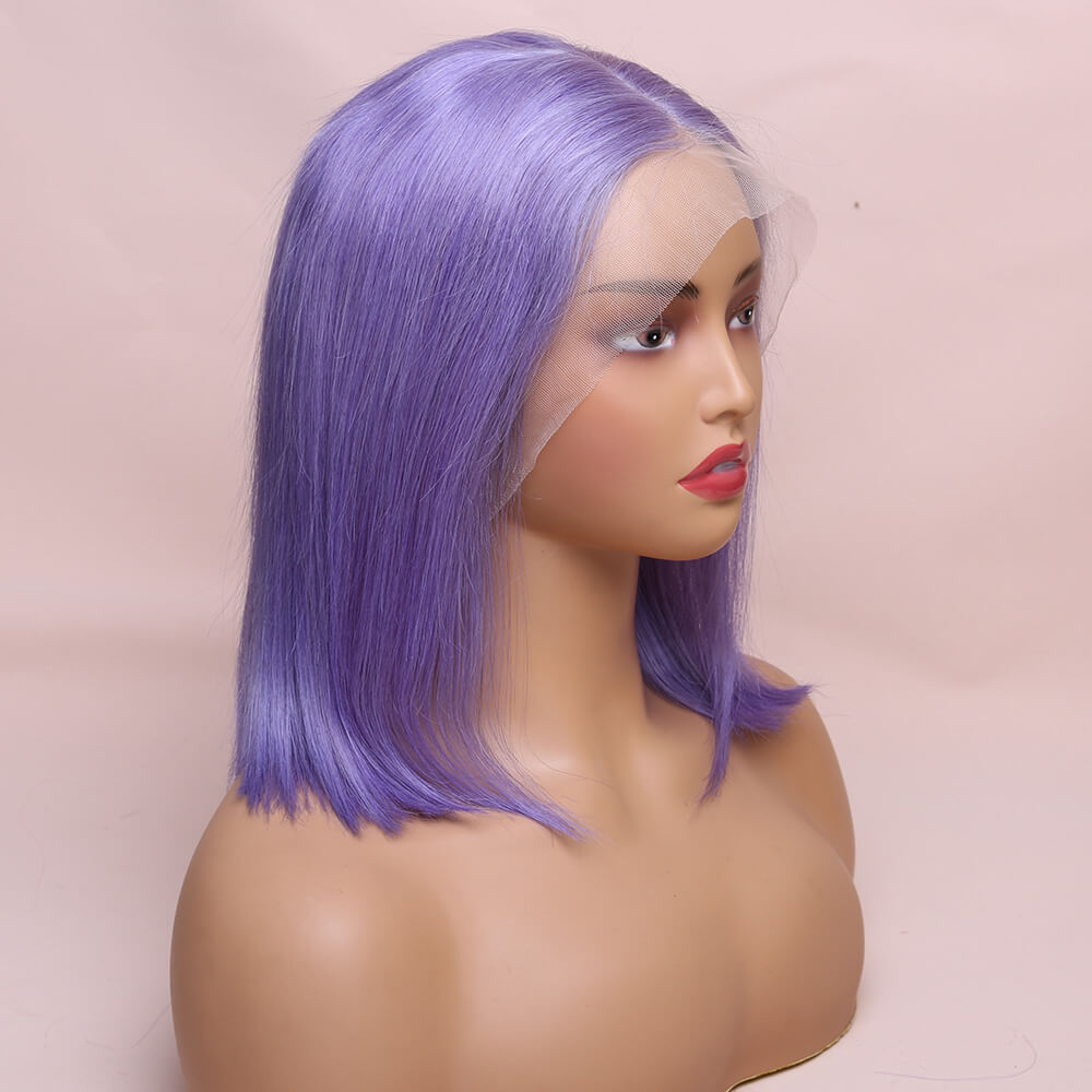 Human Hair Lavender Purple Straight Lace Frontal Bob Wig Short Wig