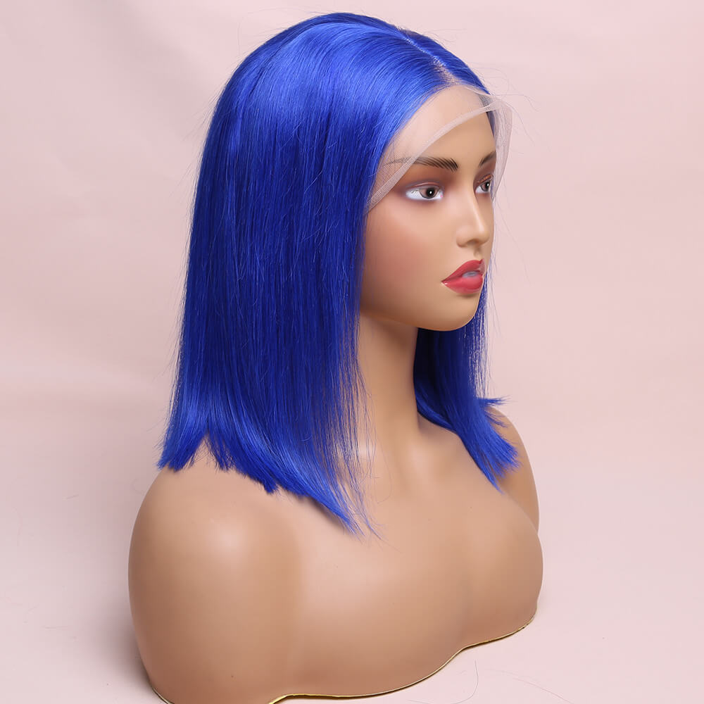 Human Hair Blue Straight Lace Frontal Bob Wig Short Wig