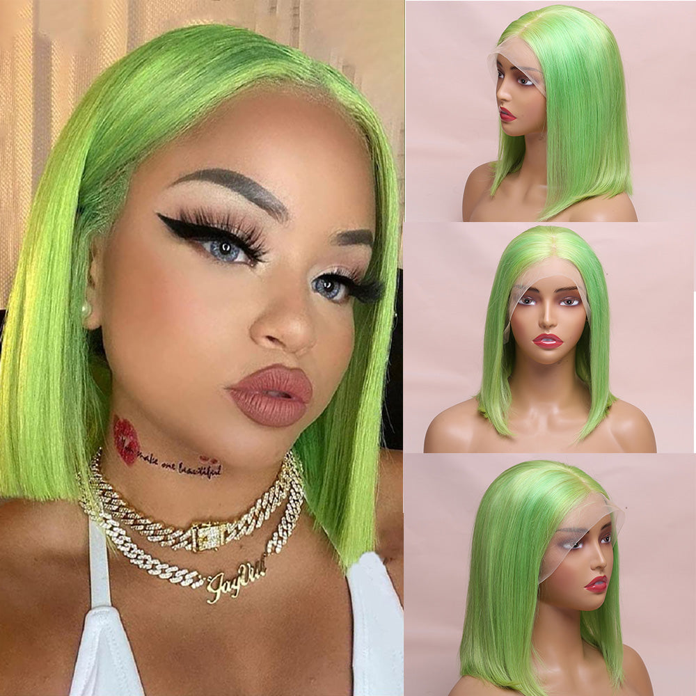 Human Hair Green Straight Lace Frontal Bob Wig Short Wig