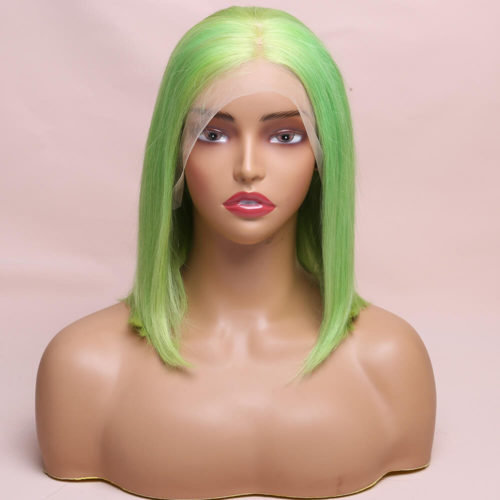 Human Hair Green Straight Lace Frontal Bob Wig Short Wig