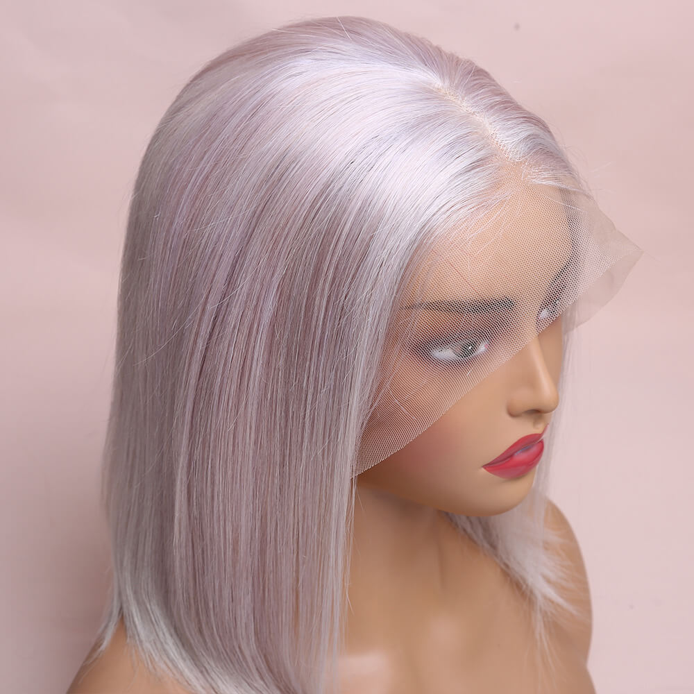 Human Hair Grey Straight Lace Frontal Bob Wig Short Wig