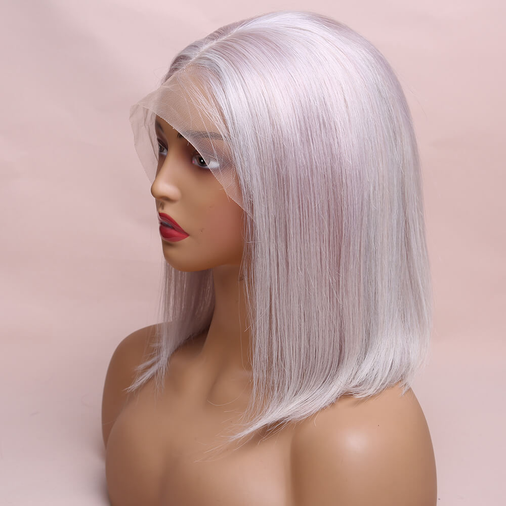Human Hair Grey Straight Lace Frontal Bob Wig Short Wig