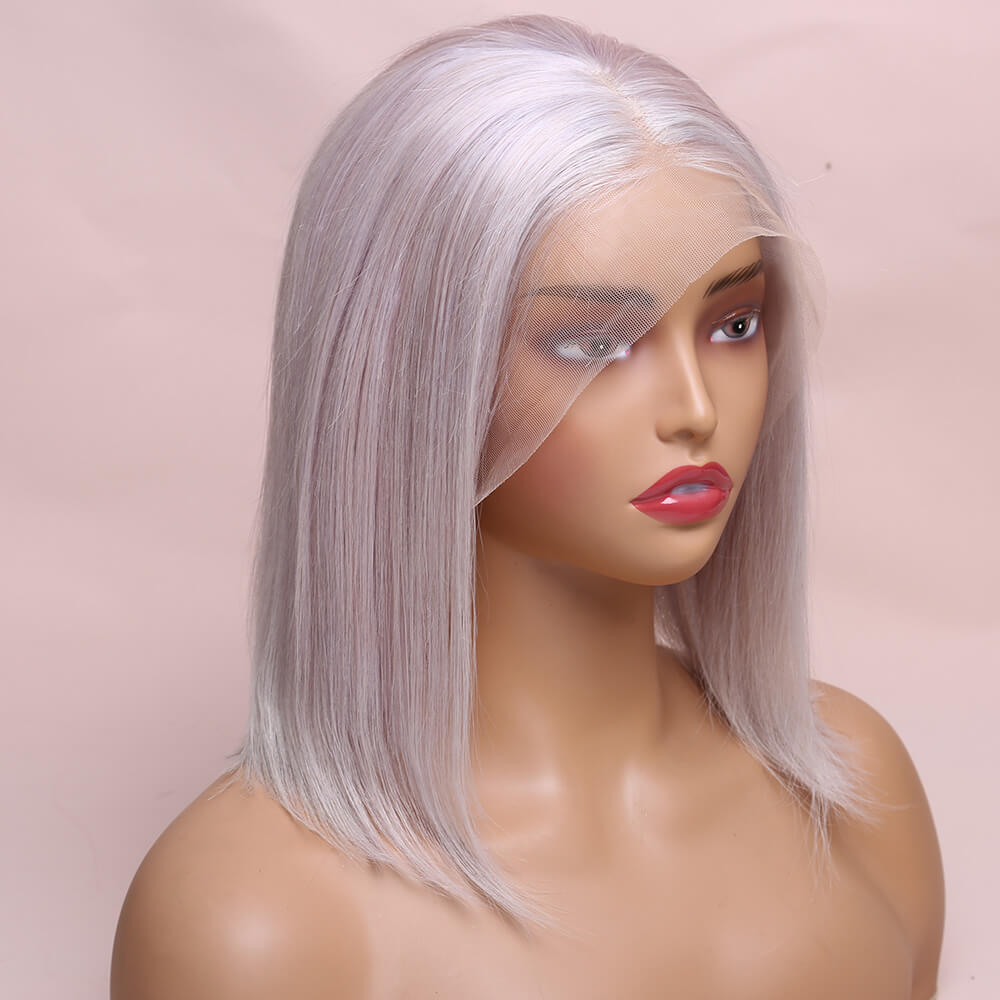 Human Hair Grey Straight Lace Frontal Bob Wig Short Wig