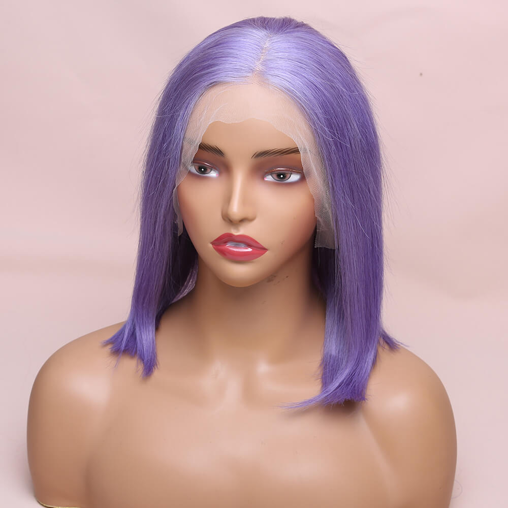 Human Hair Lavender Purple Straight Lace Frontal Bob Wig Short Wig