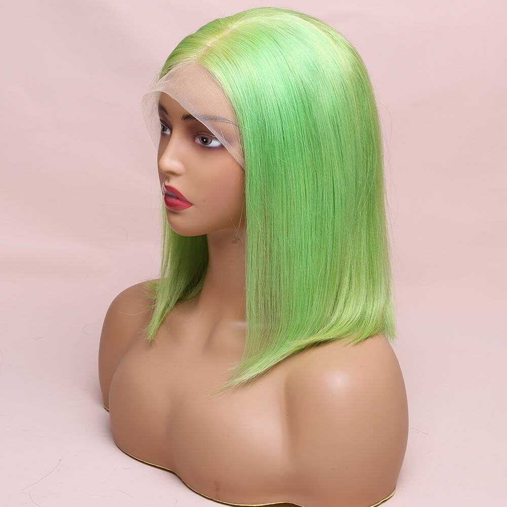 Human Hair Green Straight Lace Frontal Bob Wig Short Wig