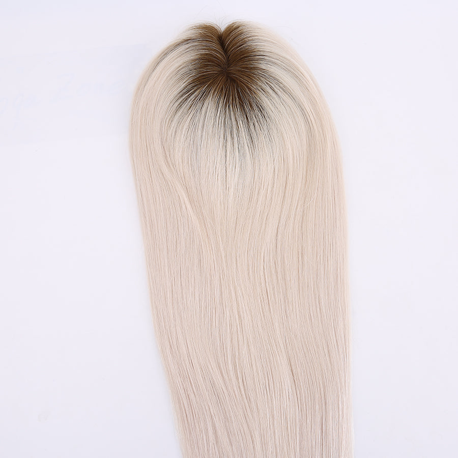 Human Hair Topper Ombre Platinum Blonde Mono Base with Pu Around
