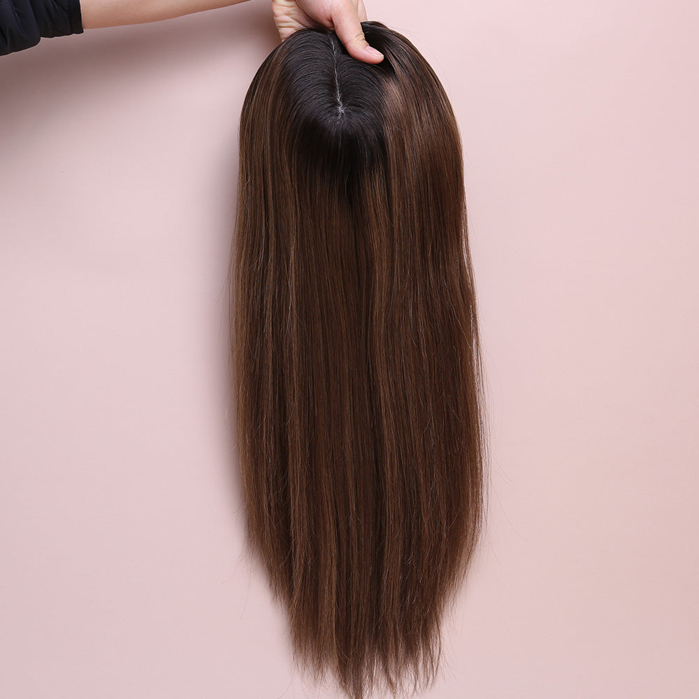 Silk Base Highlight Brown Color Topper Hair Human Hairpiece For Women Hair Loss