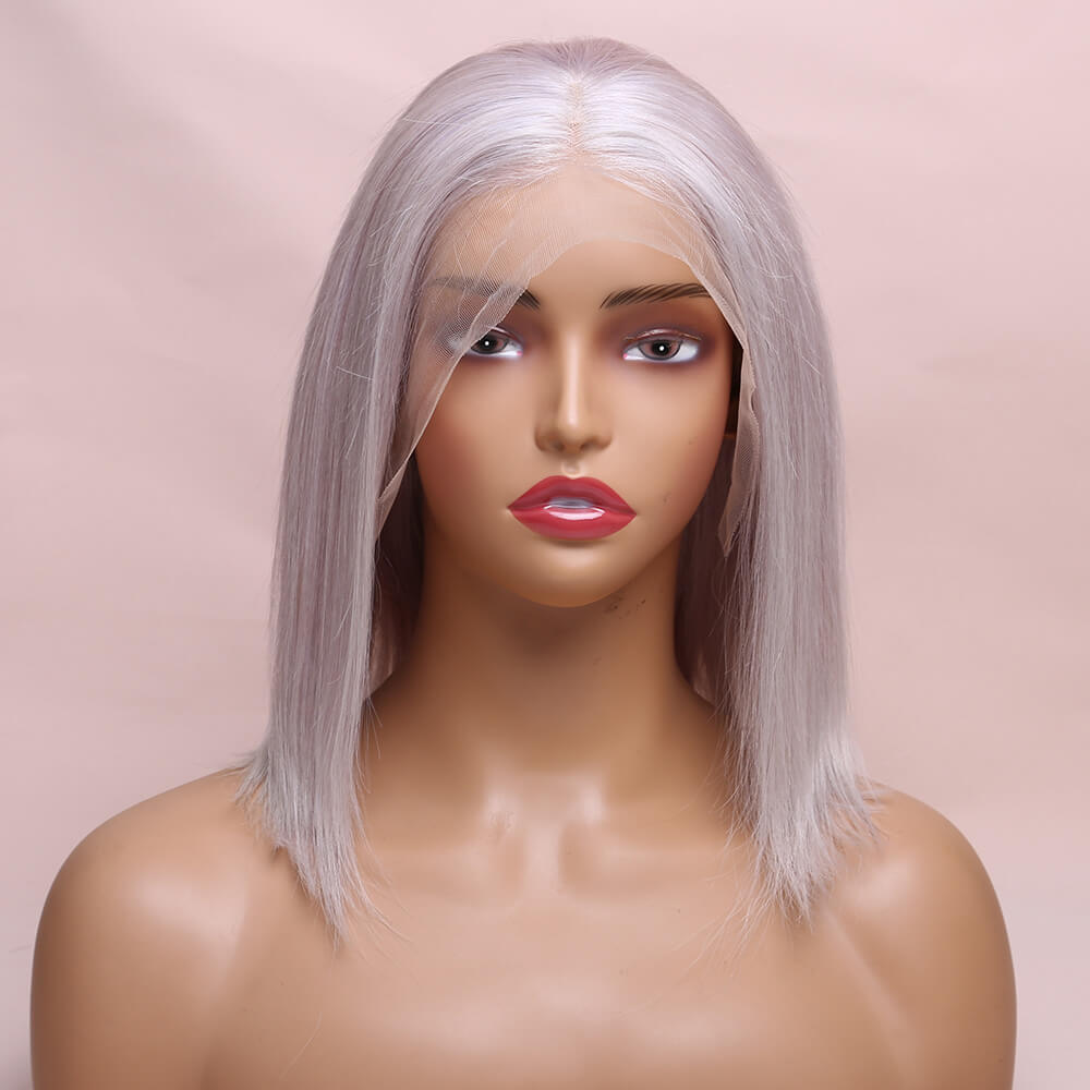 Human Hair Grey Straight Lace Frontal Bob Wig Short Wig