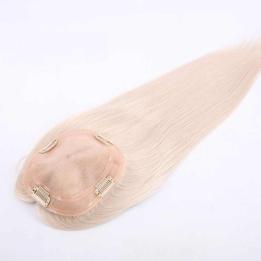 Fine Mono Topper Platinum Blonde Color Human Hair with Pu Around For Women