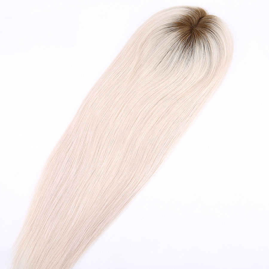 Human Hair Topper Ombre Platinum Blonde Mono Base with Pu Around