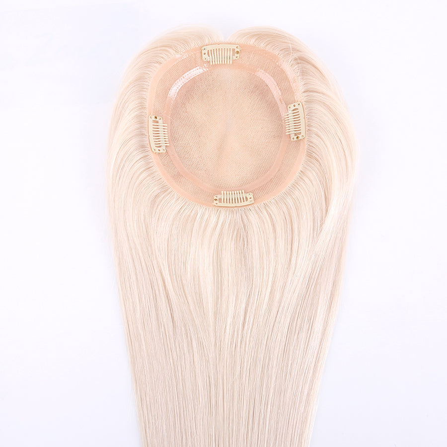 Fine Mono Topper Platinum Blonde Color Human Hair with Pu Around For Women