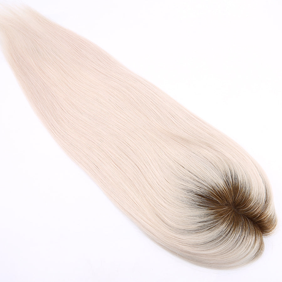 Human Hair Topper Ombre Platinum Blonde Mono Base with Pu Around
