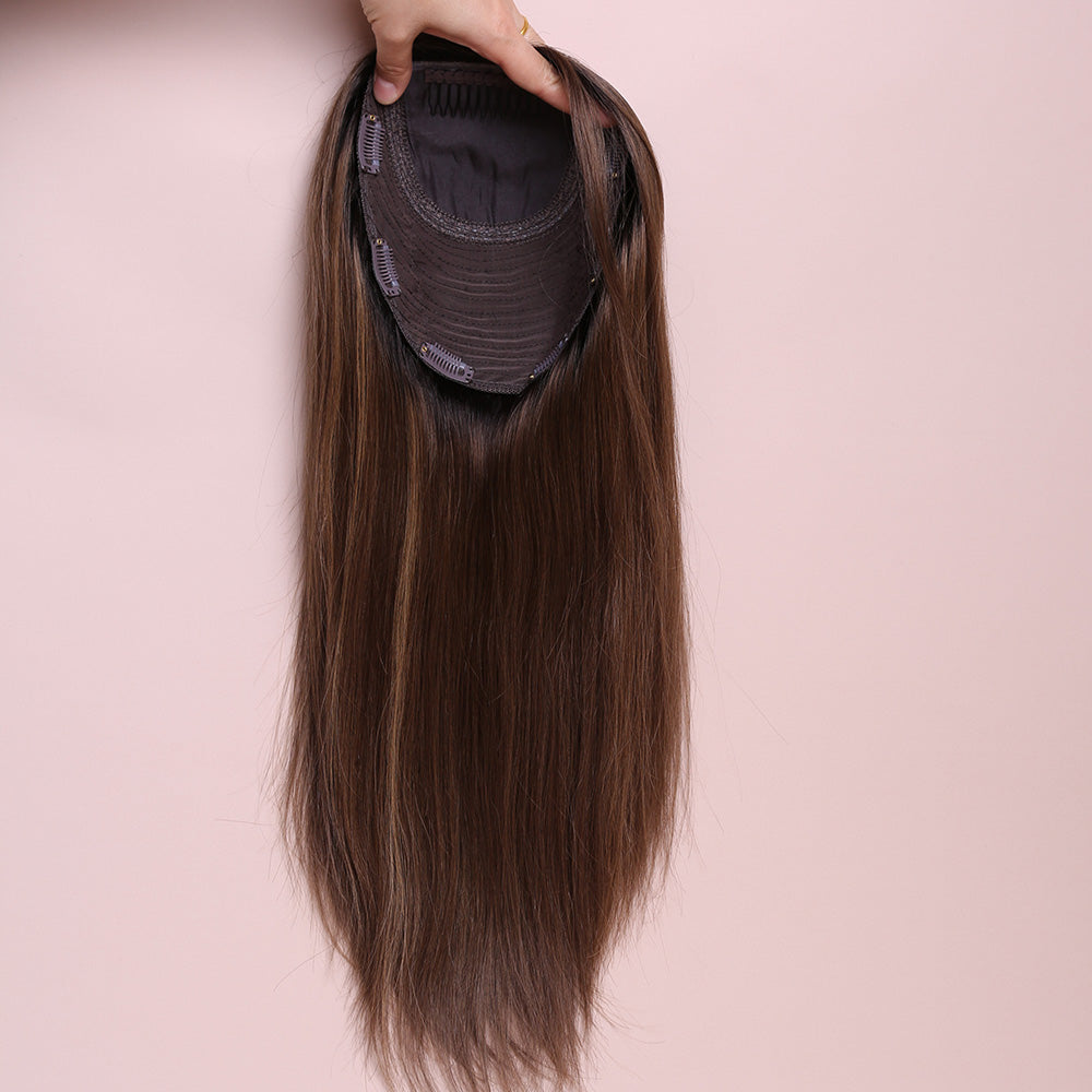 Silk Base Highlight Brown Color Topper Hair Human Hairpiece For Women Hair Loss