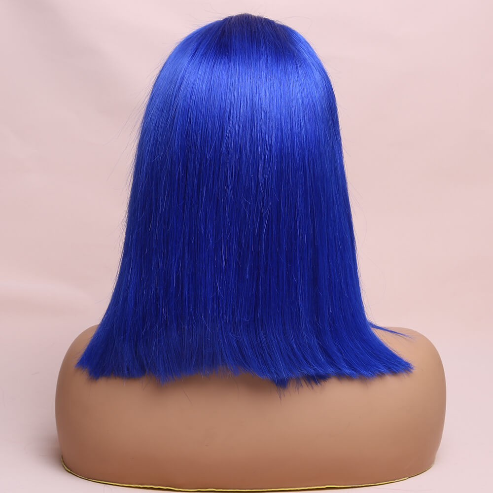 Human Hair Blue Straight Lace Frontal Bob Wig Short Wig