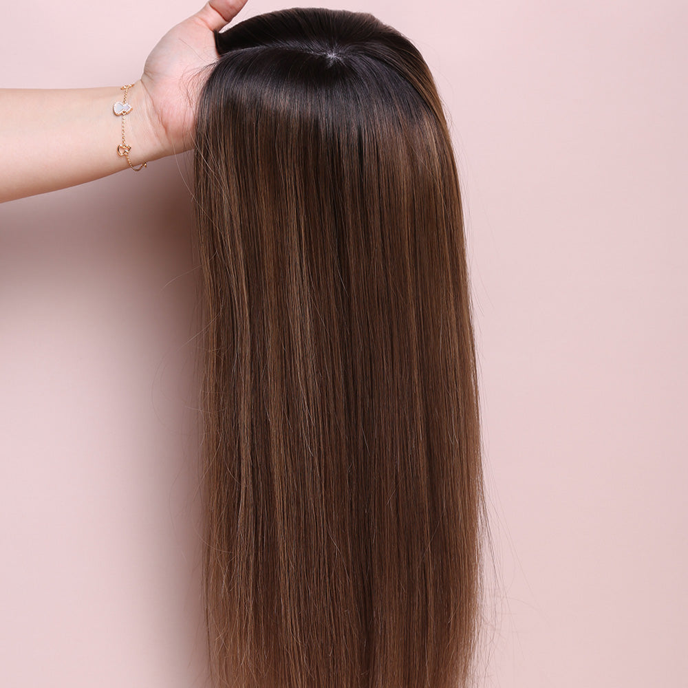 Silk Base Highlight Brown Color Topper Hair Human Hairpiece For Women Hair Loss
