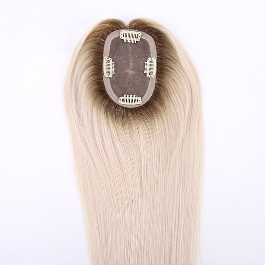 Human Hair Topper Ombre Platinum Blonde Mono Base with Pu Around