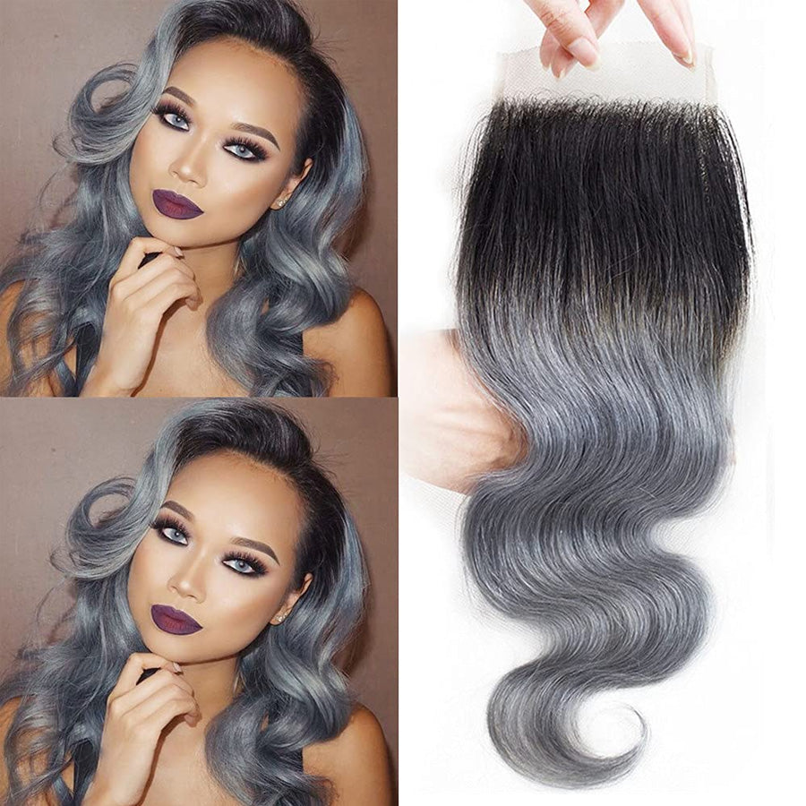 #1B Grey 4x4 Ombre Human Hair Top Lace Closure
