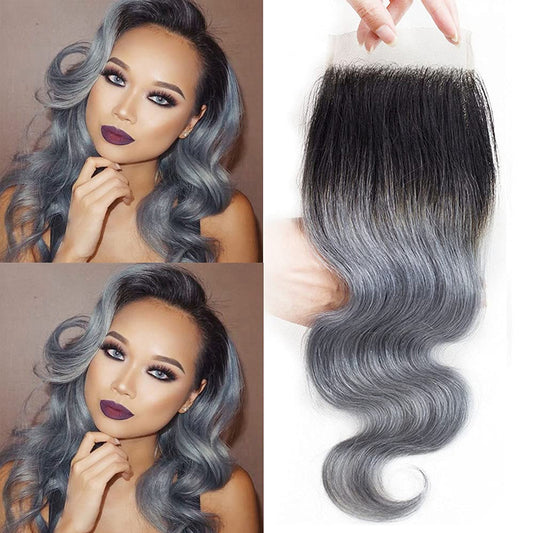 #1B Grey 4x4 Ombre Human Hair Top Lace Closure