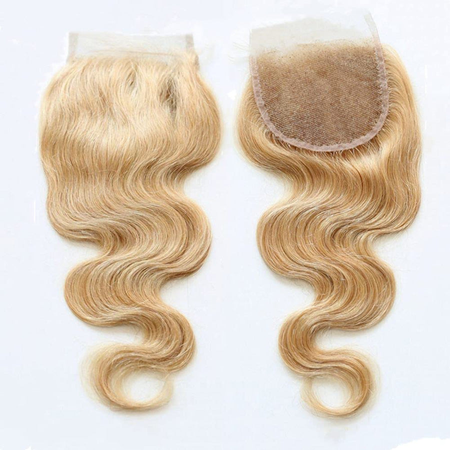Brazilian Human Hair 3 Bundles Body Wave Hair with Lace Top Closure 4x4 Honey Blonde