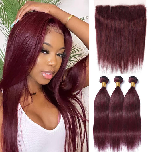 Straight Human Hair Weaves Wine Red 3 Bundles with Full Lace Frontal Closure 13x4