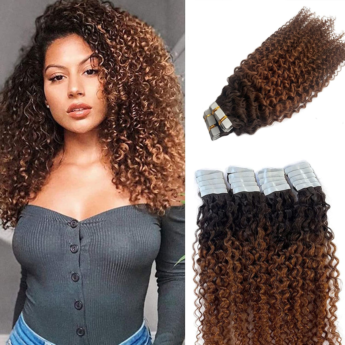 brown ombre curly tape in hair extensions