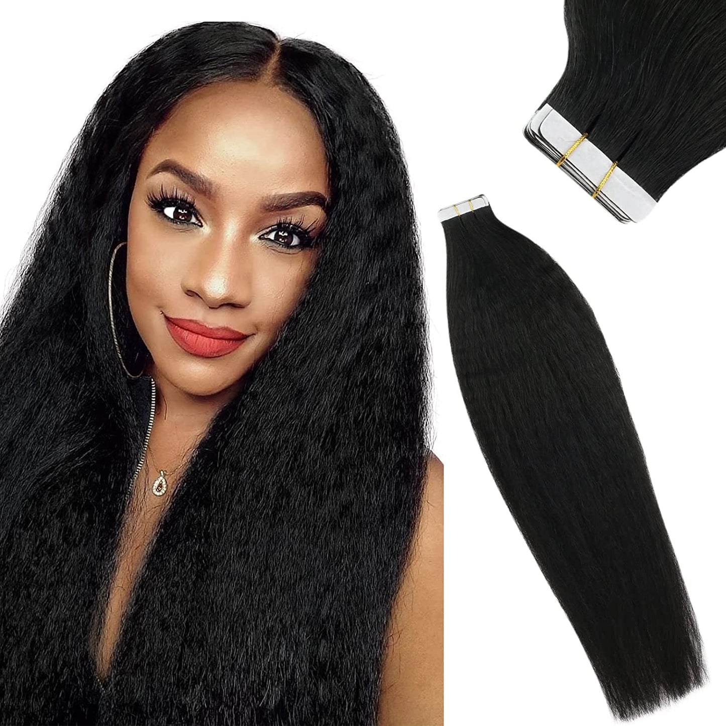 Kinky Straight Tape in Hair Extension 12-30inch Human Hair Pu Weft