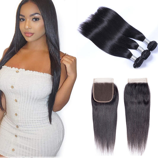 Straight human hair bundles and lace closure