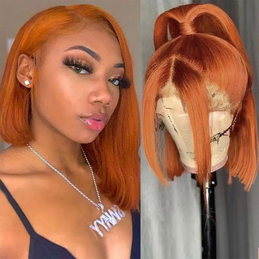 young woman with a ginger orange bob wig