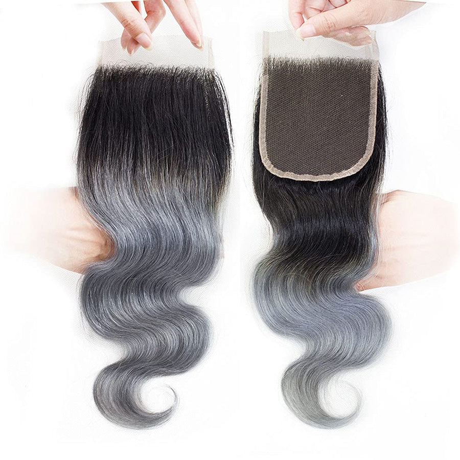#1B Grey 4x4 Ombre Human Hair Top Lace Closure