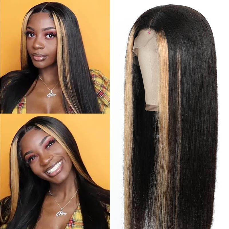happy young woman with money piece highlight wig