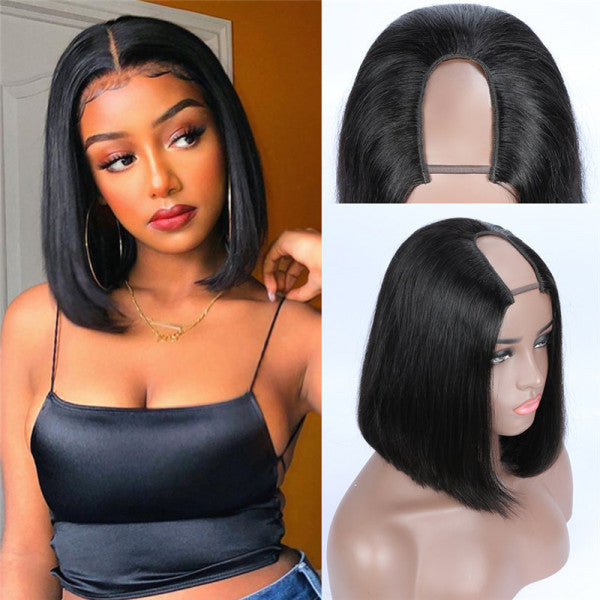young beautiful woman in a u part bob wig