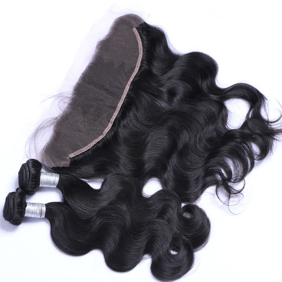 Wavy black human hair weaves with lace frontal