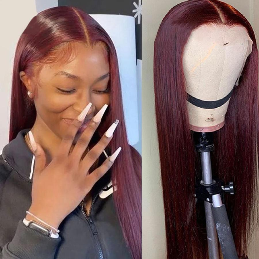 happy young woman with a burgundy lace front wig