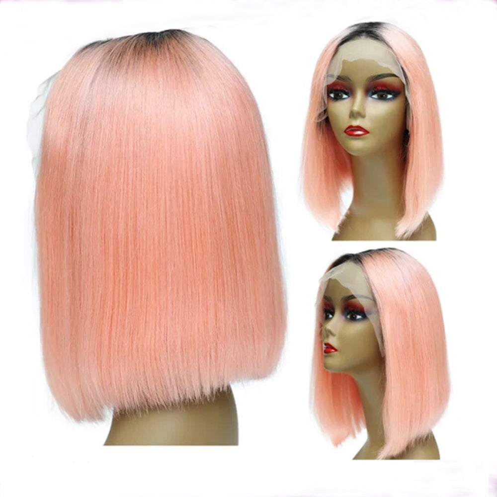 Human Virgin Hair Straight Short Bob Wig Ombre #1B/Pink Human Hair Wigs
