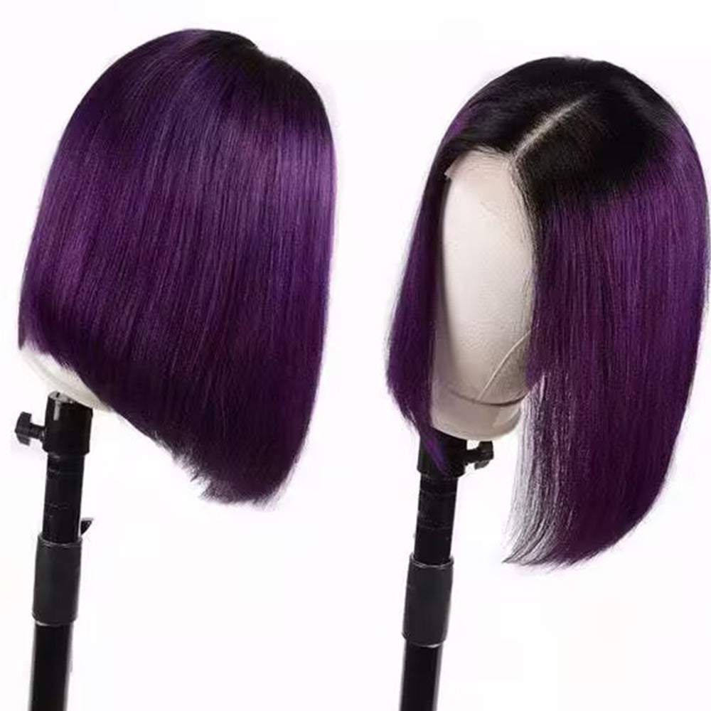 Human Hair Ombre #1B/Purple Straight Lace Front Bob Wig Short Wig